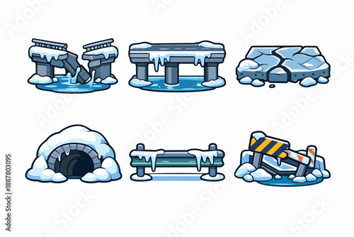 Winter game assets featuring snowy broken bridges, icy roads, and caution barriers