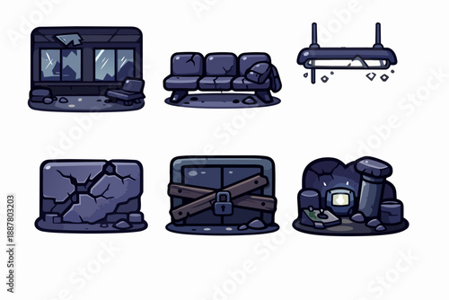 Game assets showing post-apocalyptic urban ruins and abandoned destroyed objects