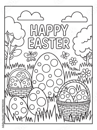 Happy Easter Coloring Activity Book for Adults, Teens, and Kids. Black and white coloring pages, cute style.