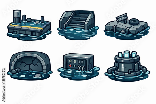 Isometric illustration of submerged city building parts and sewer elements in dark water