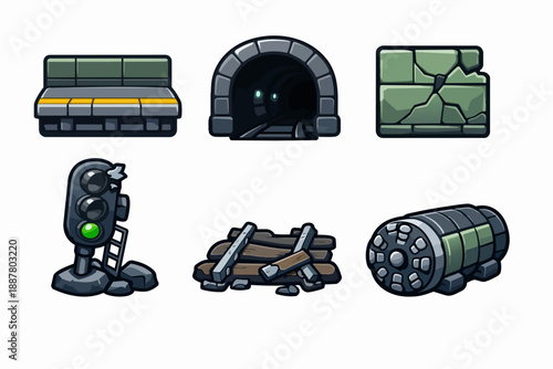 Post-apocalyptic city game assets for platforms, tunnels, railway, and destructible elements