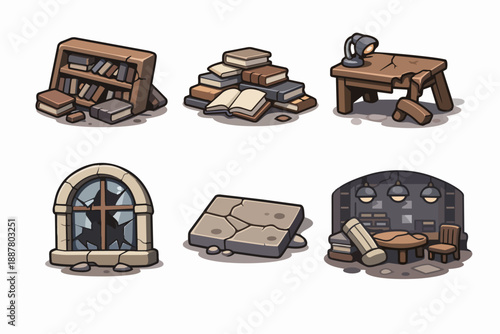 Abandoned library and ruined assets for game, creating old forgotten interiors