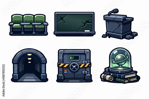 Post-apocalyptic bunker assets collection: damaged vault, tunnel, lecture hall furniture