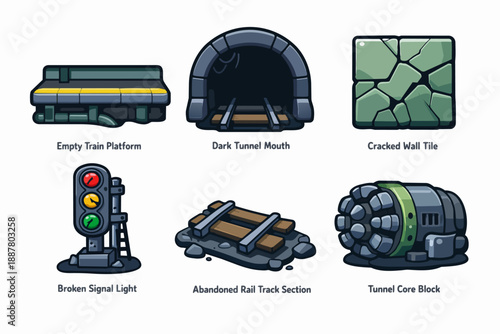 Underground metro construction and railroad elements set for video game asset design