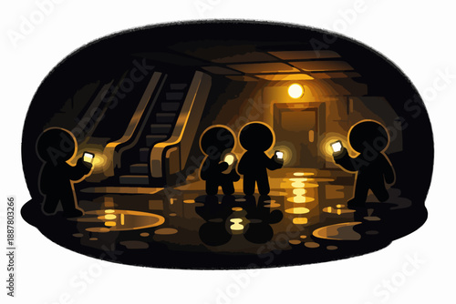 People holding smartphones as flashlights during an underground power outage