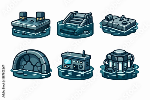 Flooded isometric game assets featuring ruined sci-fi buildings and post-apocalyptic structures