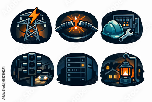 Power outage and electricity failure icons, reflecting energy grid issues and emergencies