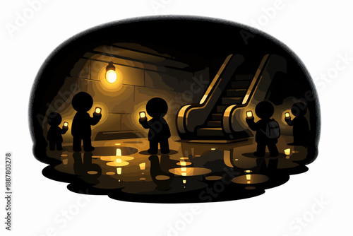 People navigating dark underground space holding glowing mobile screens for light