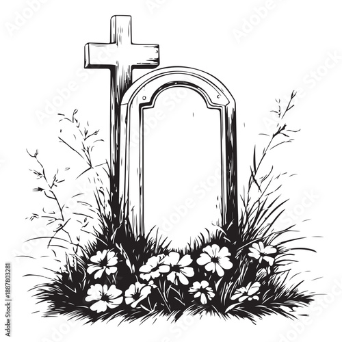 Gravestone silhouette vector set, black tombstone icons with grass, cemetery elements for Halloween, memorial design, spooky clipart, religious symbols, RIP graphics