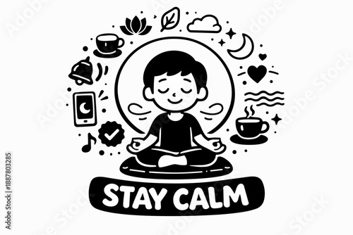 Boy meditating in lotus pose with 'stay calm' text and surrounding mindfulness icons