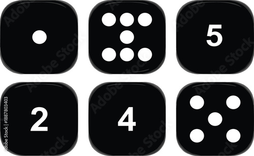PrintBlack Dice Icon Set with Numbers and Dots for Casino Board Game and Gambling Design Elements