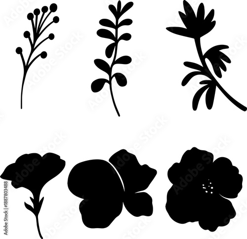 Set of minimalist botanical silhouettes, simple black shapes of flowers and branches, elegant design elements for natural themes, isolated floral vector illustrations