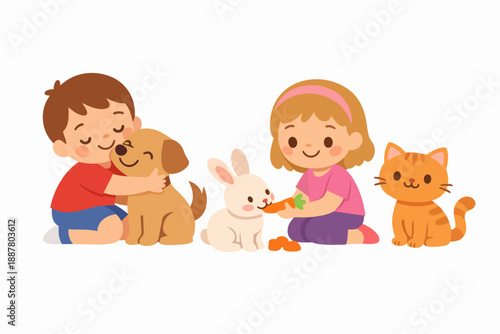 Children interacting with pets, boy hugging a dog, girl feeding a rabbit, cat watching