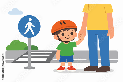 Child with parent wearing helmet, holding hands at crosswalk for pedestrian safety