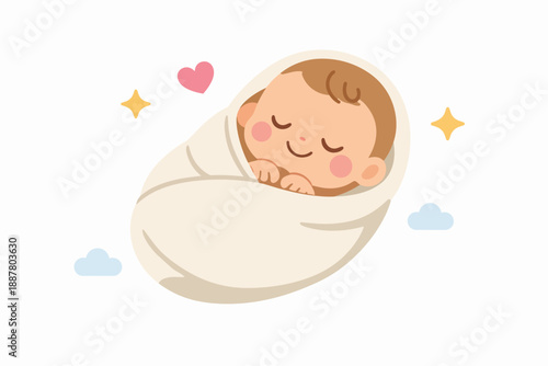 Sweet newborn baby sleeping soundly in a cozy swaddle with love and care symbols