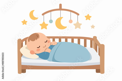 Baby sleeping peacefully in crib with stars and moon mobile illustration