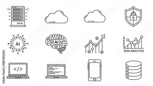  Information technology icon set, precise outline strokes, featuring server rack, cloud computing, shield with lock, AI brain circuit, data analytics graph, laptop, smartphone