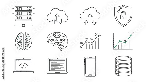  Information technology icon set, precise outline strokes, featuring server rack, cloud computing, shield with lock, AI brain circuit, data analytics graph, laptop, smartphone 