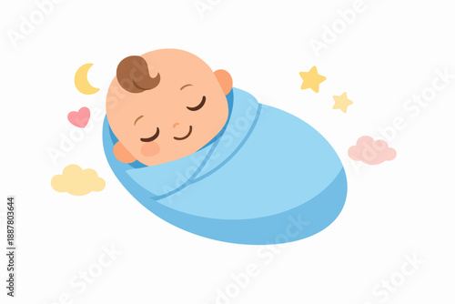 Baby boy soundly sleeping in a blue blanket, surrounded by night sky elements