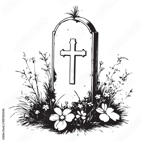 Gravestone silhouette vector set, black tombstone icons with grass, cemetery elements for Halloween, memorial design, spooky clipart, religious symbols, RIP graphics