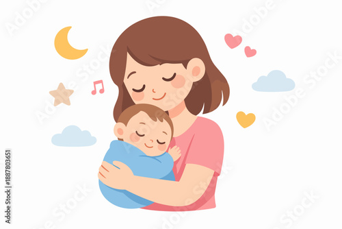 Mother cuddling sleeping baby with moon, stars, and musical notes in a loving scene