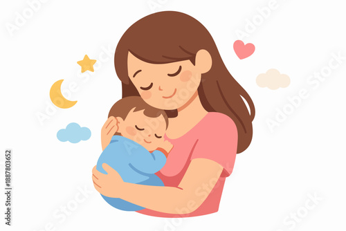 Mother embracing sleeping baby, symbolizing loving motherhood and peaceful dreams