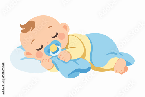 Sleeping infant boy with pacifier holding blanket, cartoon illustration of peaceful baby nap