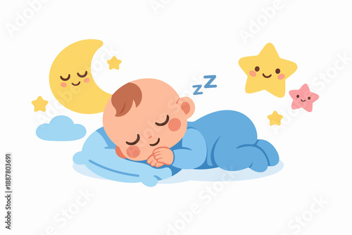 Baby sleeping peacefully on a pillow with moon and stars for sweet dreams