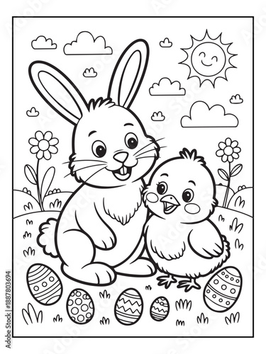 Happy Easter Coloring Activity Book for Adults, Teens, and Kids. Black and white coloring pages, cute style.