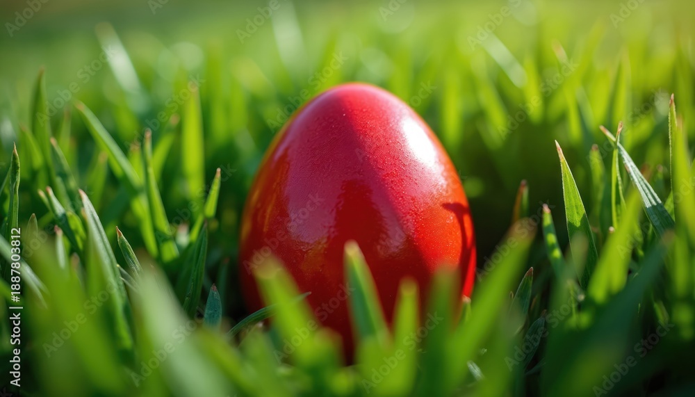 Fototapeta premium Red easter egg rests in lush green grass. Sunny spring day, perfect for egg hunt or festive decoration. Simple, bright holiday symbol for spring celebrations.