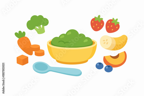 Baby food puree in bowl with fresh fruits and vegetables for healthy weaning