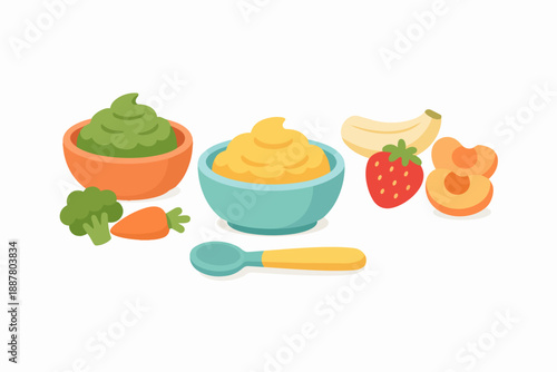 Baby food puree bowls with spoon, healthy fruits and vegetables concept