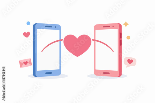 Online dating app connecting two smartphones sending and receiving love messages