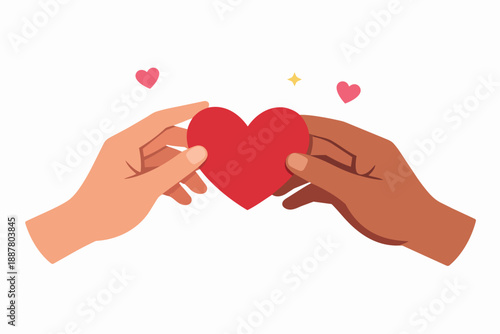 Diverse hands joining to hold a red heart symbolizing unity, love, and care