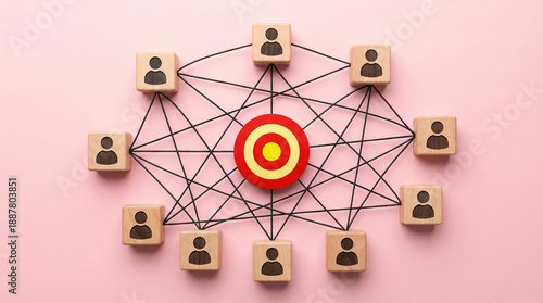 Social network targeting concept illustration showing connected people icons around central target symbol representing audience focus marketing strategy communication and business connections.