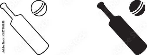 Cricket bat and ball outline and bold icon set for sports design, games, apps and branding.