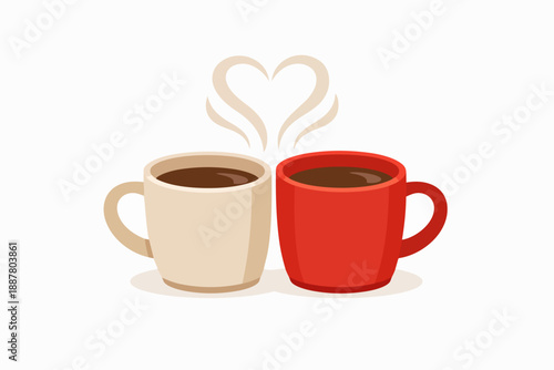 Coffee mugs having steam forming a heart symbolizing romantic love and togetherness