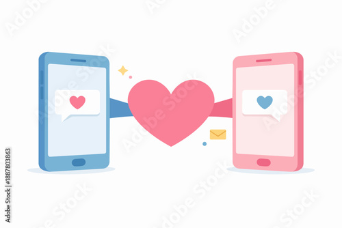 Online dating connecting mobile phones, sending hearts, finding digital love