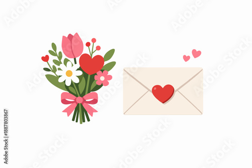 Bouquet of flowers with heart symbols and a sealed love letter with hearts