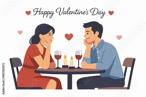 Couple celebrating valentine's day enjoying a romantic dinner date with wine and candles