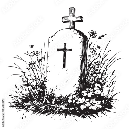 Gravestone silhouette vector set, black tombstone icons with grass, cemetery elements for Halloween, memorial design, spooky clipart, religious symbols, RIP graphics