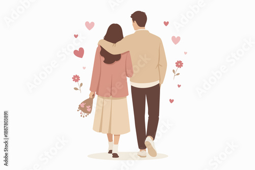 Romantic couple walking together, man embracing woman, celebrating love and relationship