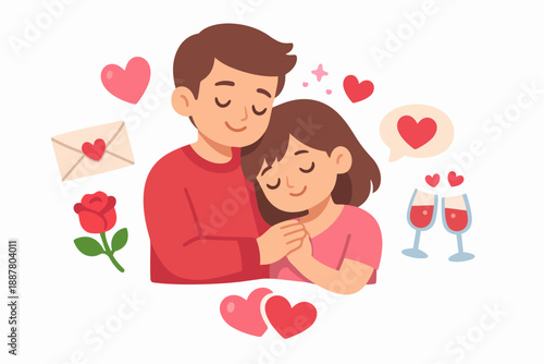 Romantic couple embracing and celebrating love with hearts, a rose, and champagne glasses