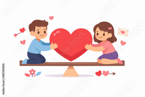 Couple balancing big heart on a seesaw with love and relationship concept