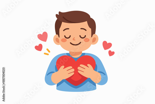 Young boy showing self love by embracing a red heart to his chest