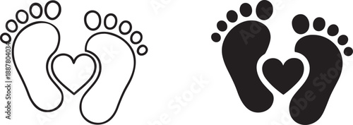 Baby foot barefoot heart icon set in bold and outline style for love, care, family themes.