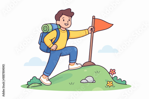 Boy reaching a goal on a mountain top, planting a red flag, achieving success