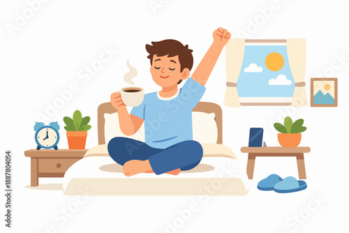 Man drinking morning coffee and stretching in bed for a good day start