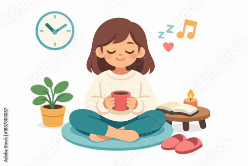 Girl finding calm and comfort, meditating at home with a hot drink