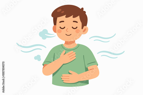 Young boy practicing deep breathing exercise, finding calm and relaxation